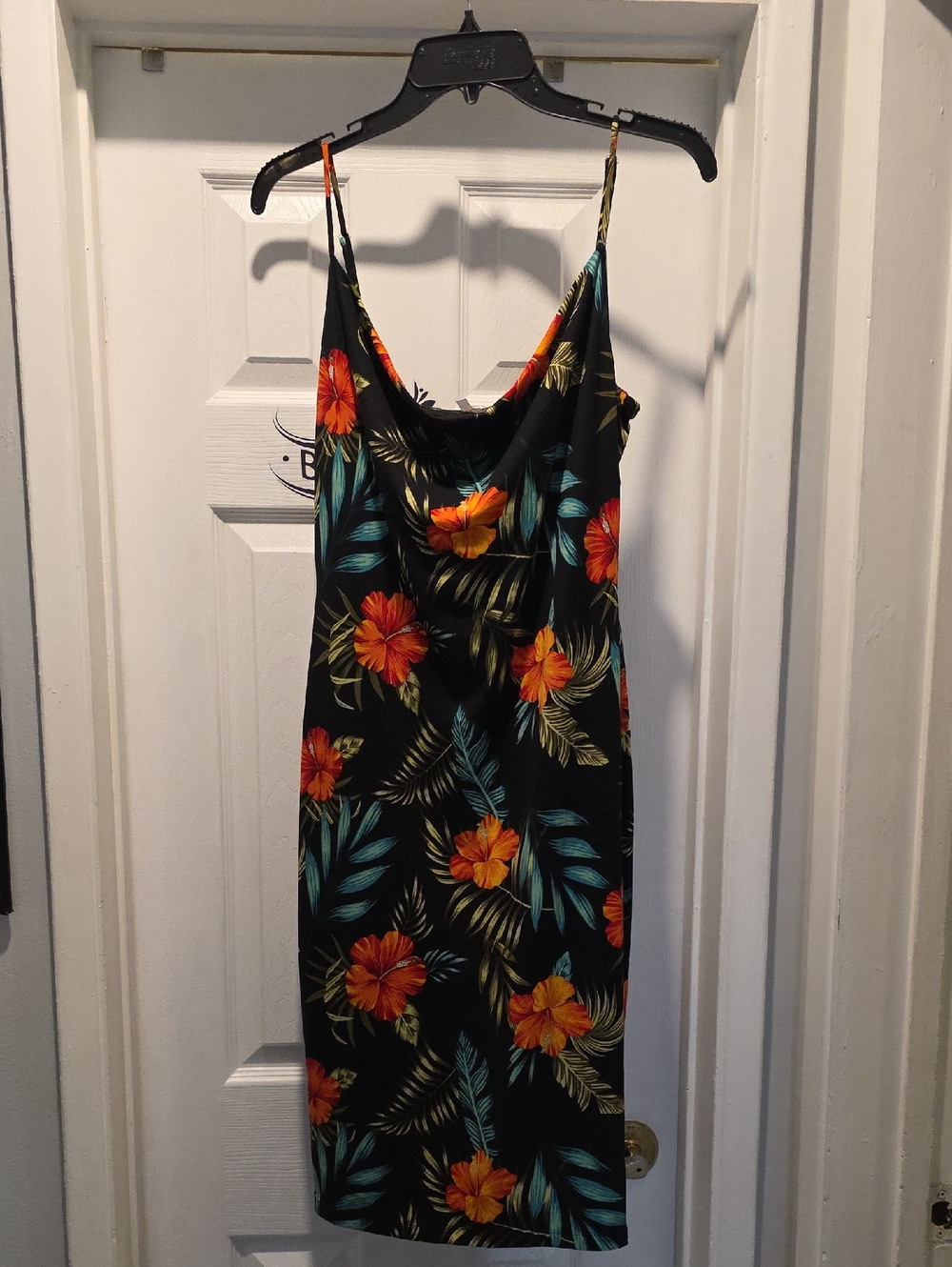 DNA couture Black Midi Slip Dress with Orange Hibiscus & Teal Leaves